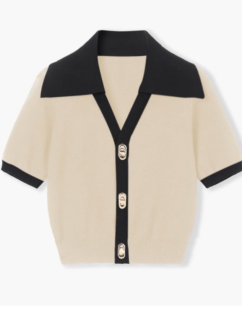 Commense Cream Short-Sleeve Knit Top with Black Sailor Collar